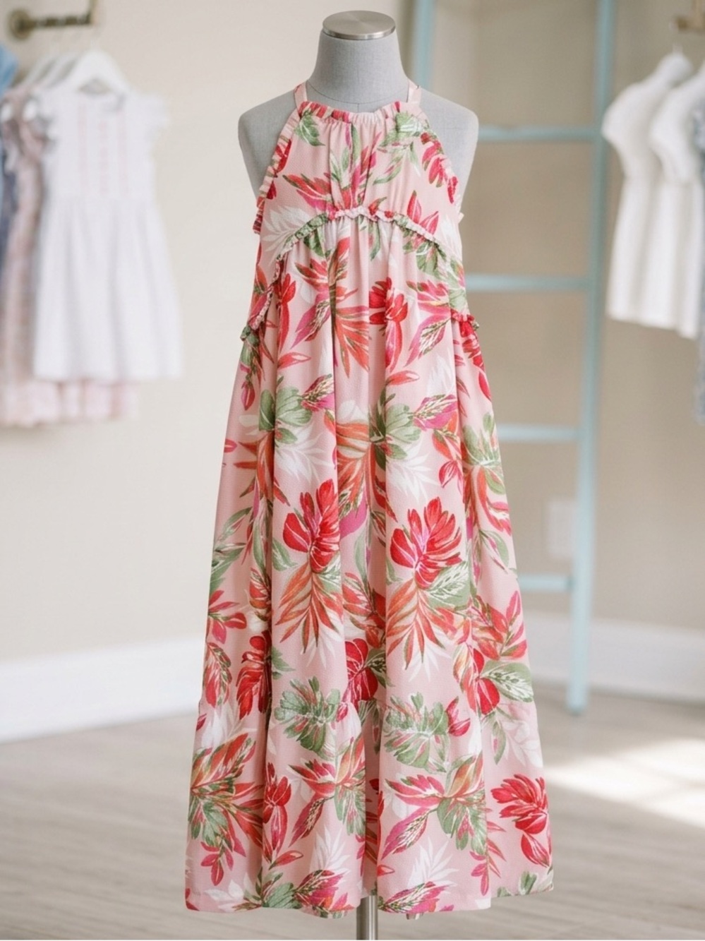 Girls Sz 10 BONNIE JEAN Pink Tropical Halter Dress
